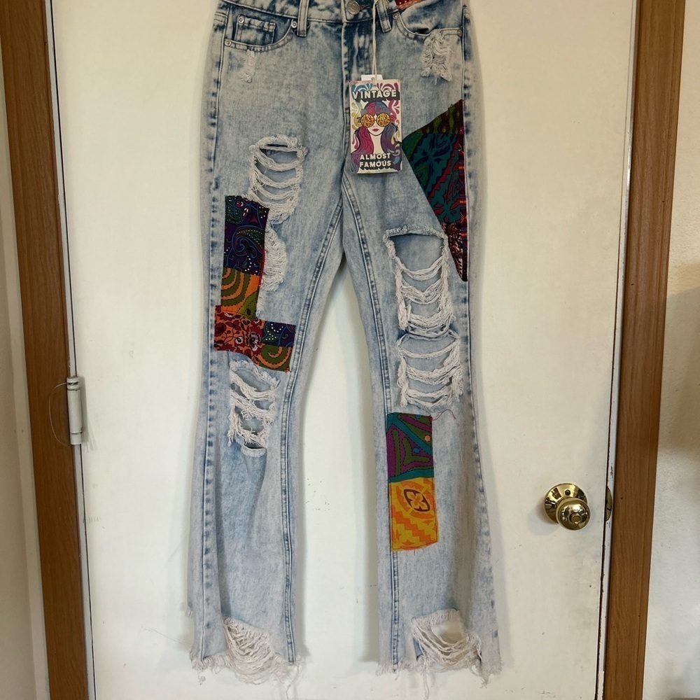 NWT Almost Famous Vintage Acid Wash Patchwork Distressed Flare Denim Size 1
